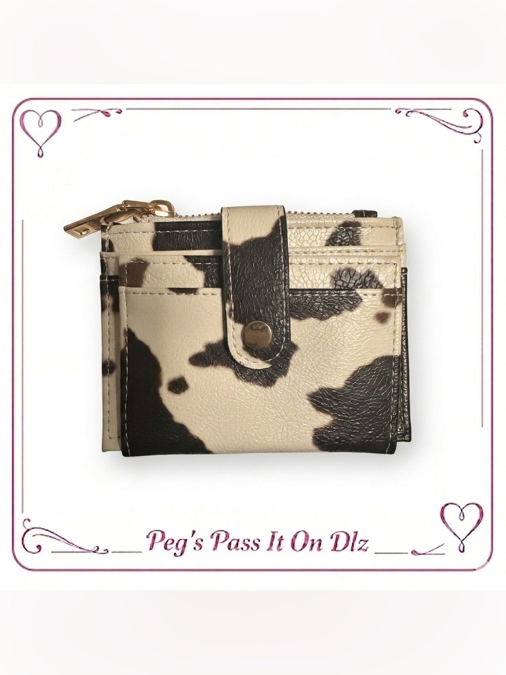 Jen&Co Sam Mini Snap Folding Wallet ID Card Holder Cow Print w/ Gold Hardware